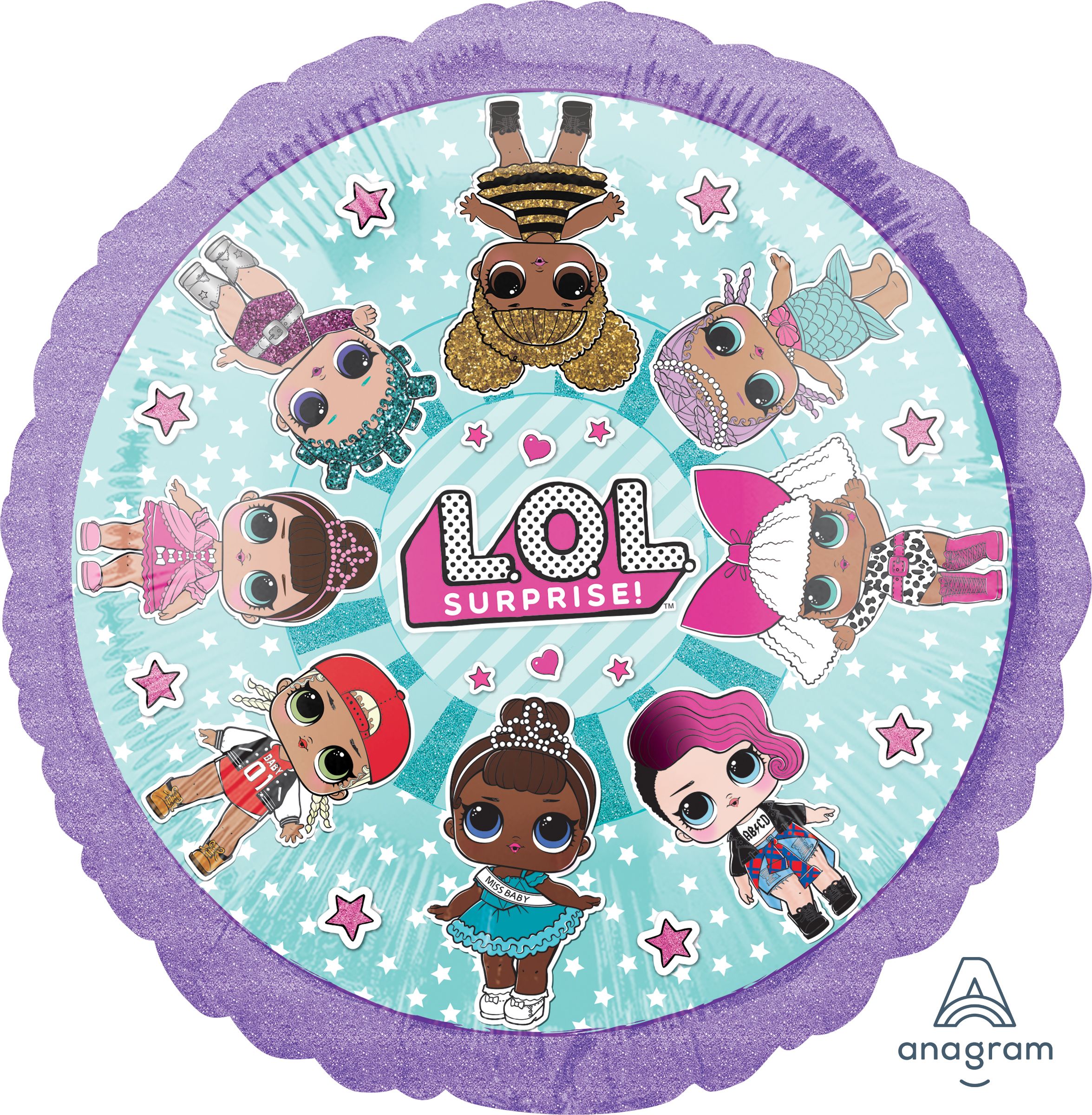 L.O.L. Surprise! Diva Ballon en aluminium satiné rond, bleu/violet, 17 po, gonflement à l'hélium et ruban inclus, pour fête d'anniversaire Front_Flat