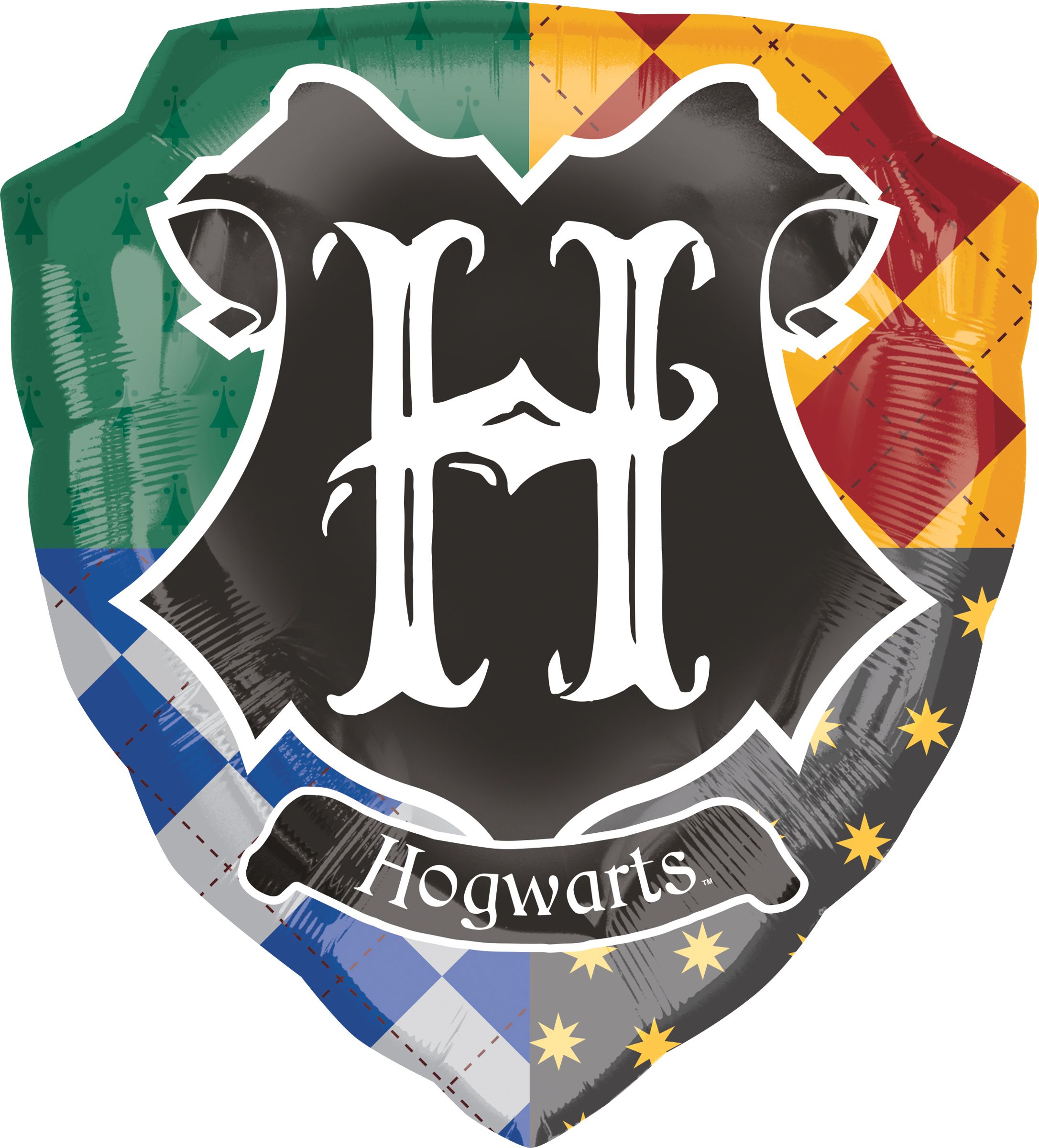 Logo maison Poudlard Harry Potter, ballon en aluminium satiné, vert/jaune/bleu/noir, 27 po, gonflement d'hélium et ruban inclus pour fête d'anniversaire Front_Flat