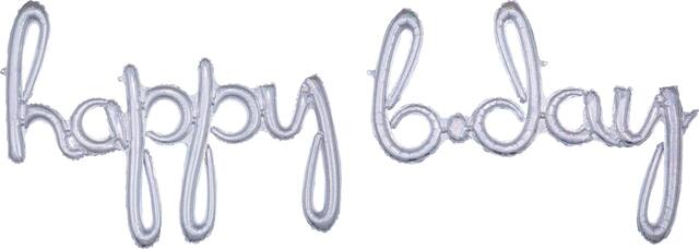 "Happy B-Day" Cursive Letters Satin Foil Balloon, Prismatic Silver, 76x27-in, Air-Filled for Birthday Party Front_Flat