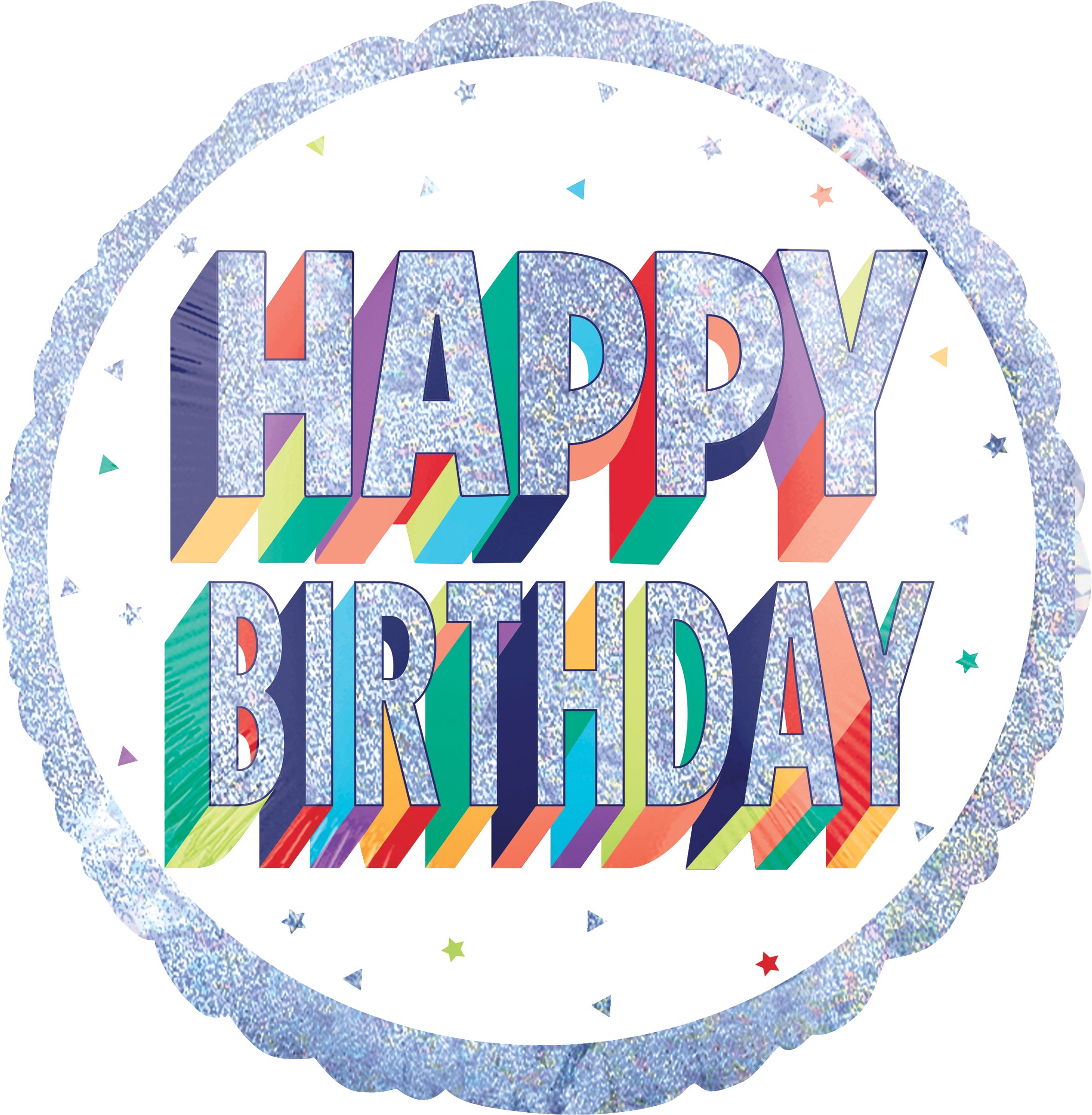 Prismatic Rainbow "Happy Birthday" Round Satin Foil Balloon, White/Silver, 28-in, Helium Inflation & Ribbon Included for Birthday Party Front_Flat