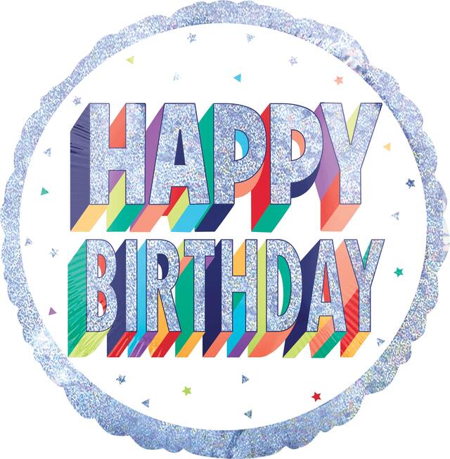 Prismatic Rainbow "Happy Birthday" Round Satin Foil Balloon, White/Silver, 28-in, Helium Inflation & Ribbon Included for Birthday Party Front_Flat