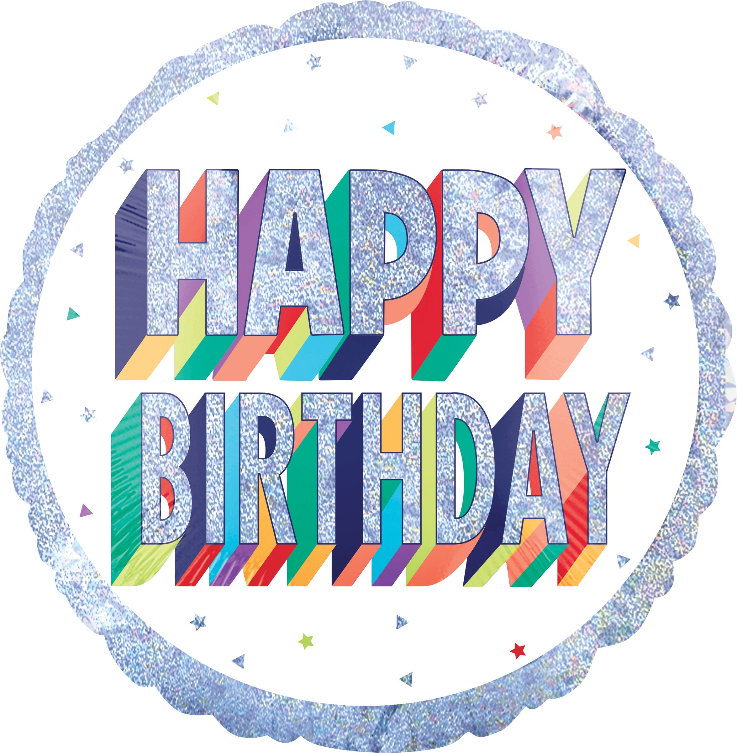 Prismatic Rainbow "Happy Birthday" Round Satin Foil Balloon, White/Silver, 28-in, Helium Inflation & Ribbon Included for Birthday Party Front_Flat