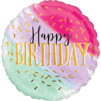 Ballon en aluminium satiné rond Happy Birthday, rose/mauve/vert, aquarelle, 28 po, gonflement à l'hélium et ruban inclus, pour fête d'anniversaire Front_Flat