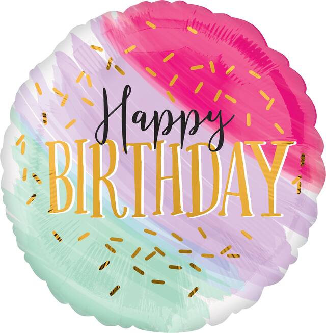 Ballon en aluminium satiné rond Happy Birthday, rose/mauve/vert, aquarelle, 28 po, gonflement à l'hélium et ruban inclus, pour fête d'anniversaire Front_Flat