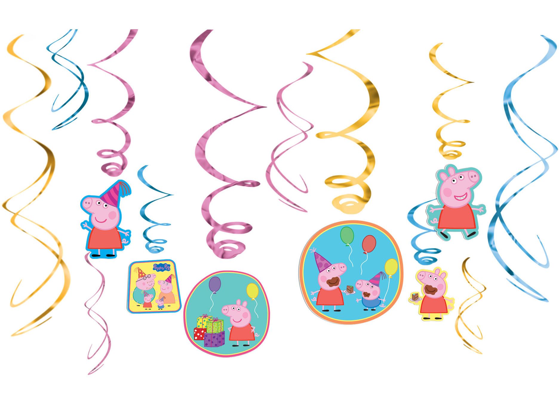 Nintendo Peppa Pig Swirl Hanging Decorations, Pink/Blue, 10-in, 12-pk, for Birthday Party Front_Flat