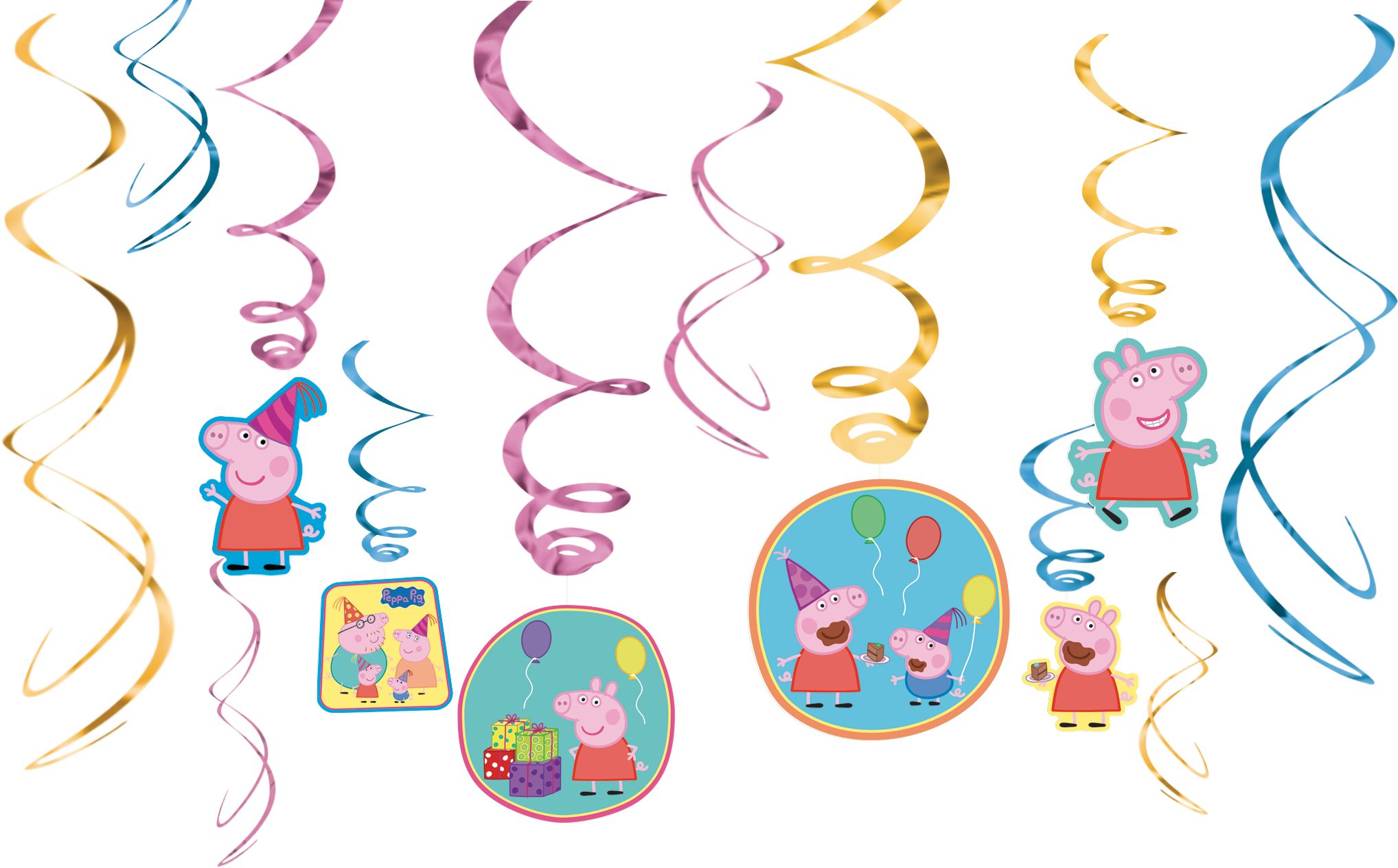 Nintendo Peppa Pig Swirl Hanging Decorations, Pink/Blue, 10-in, 12-pk, for Birthday Party Front_Flat