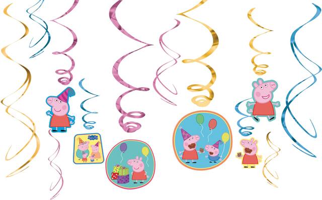 Nintendo Peppa Pig Swirl Hanging Decorations, Pink/Blue, 10-in, 12-pk, for Birthday Party Front_Flat