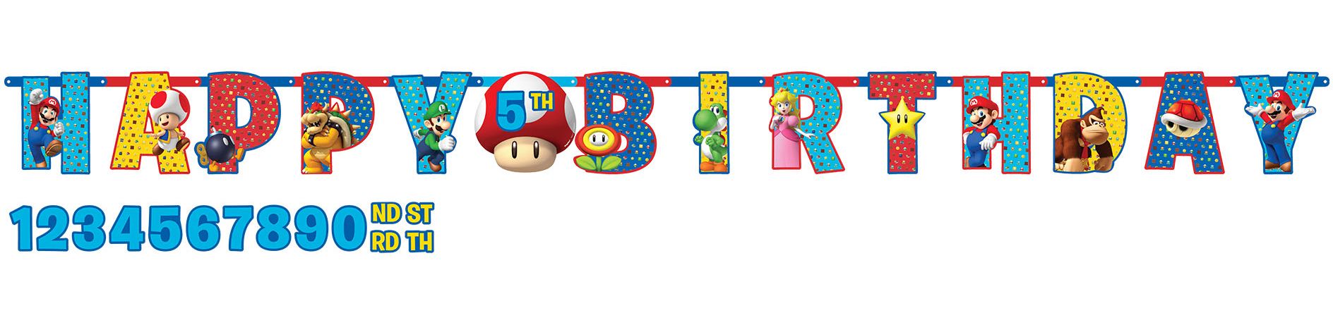 Nintendo Super Mario Bros "Happy Birthday" Mario & Luigi DIY Customizable Hanging Garland Banner Decoration, Multi-Coloured, 10-ft, for Birthday Party Front_Flat