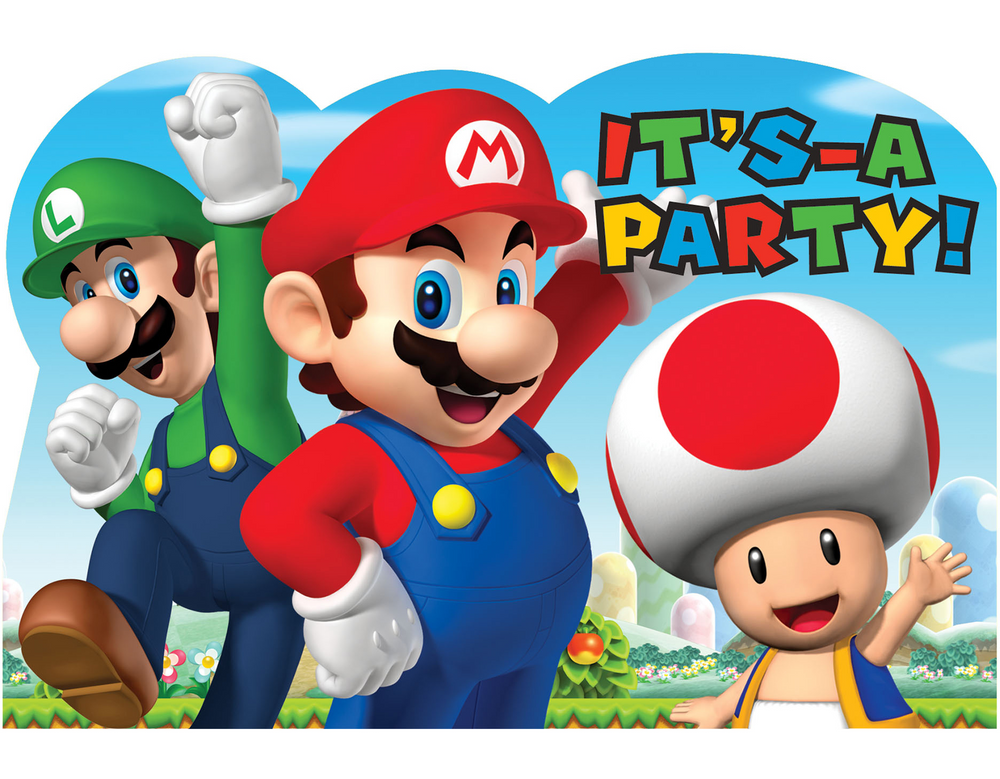 Invitations format carte postale pour fête d'anniversaire Super Mario, paq.  8
