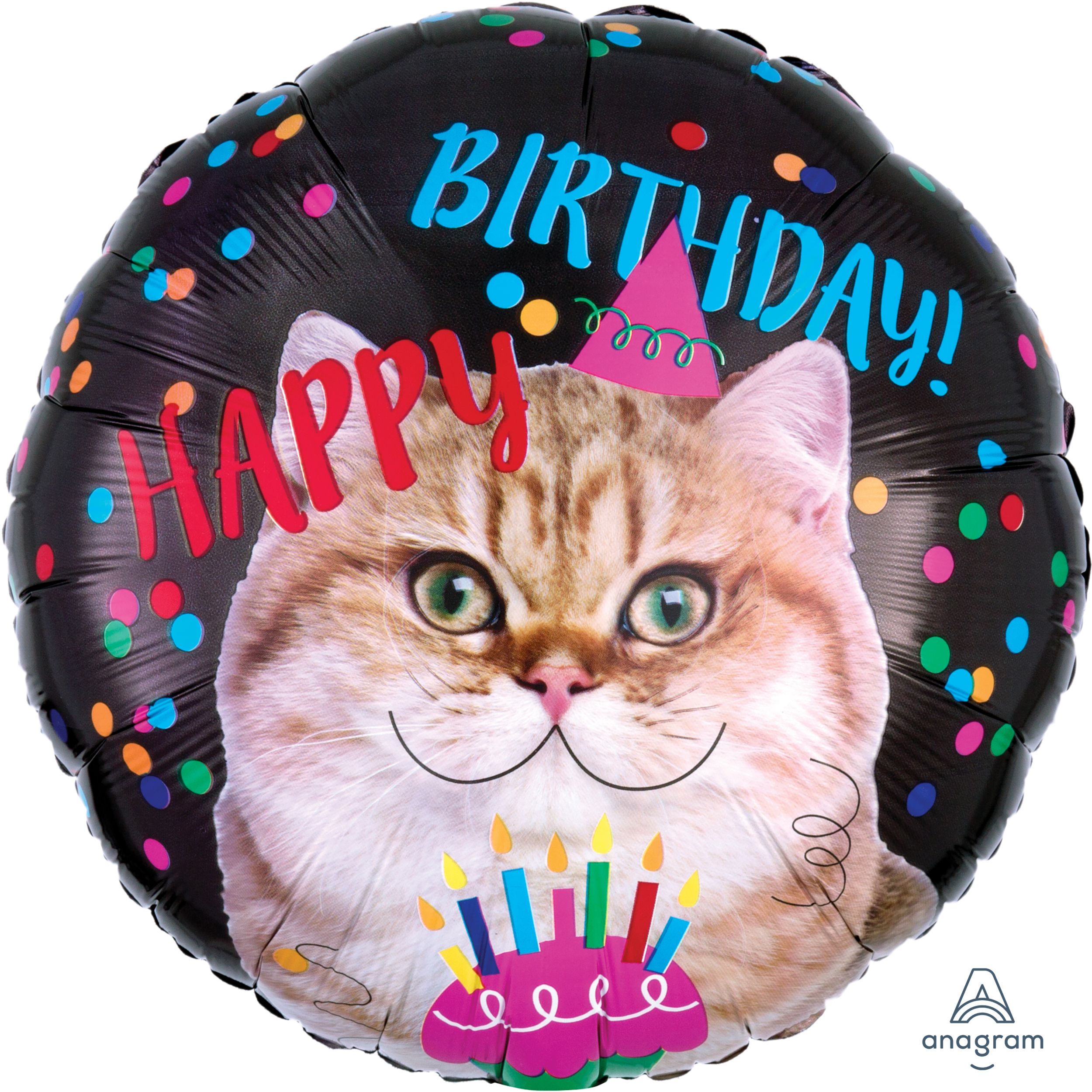 Cat "Happy Birthday" Round Satin Foil Balloon, Multi-Coloured, Stars, 17-in, Helium Inflation & Ribbon Included for Birthday Party Front_Flat