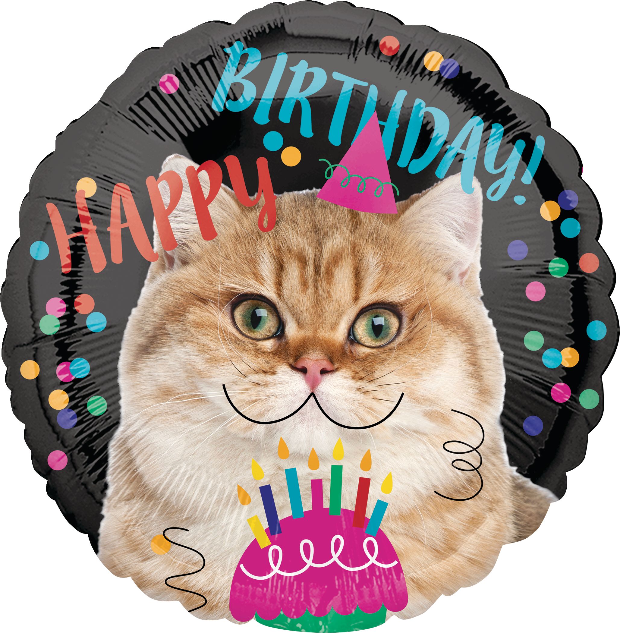 Cat "Happy Birthday" Round Satin Foil Balloon, Multi-Coloured, Stars, 17-in, Helium Inflation & Ribbon Included for Birthday Party Front_Flat