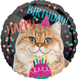 Cat "Happy Birthday" Round Satin Foil Balloon, Multi-Coloured, Stars, 17-in, Helium Inflation & Ribbon Included for Birthday Party Front_Flat