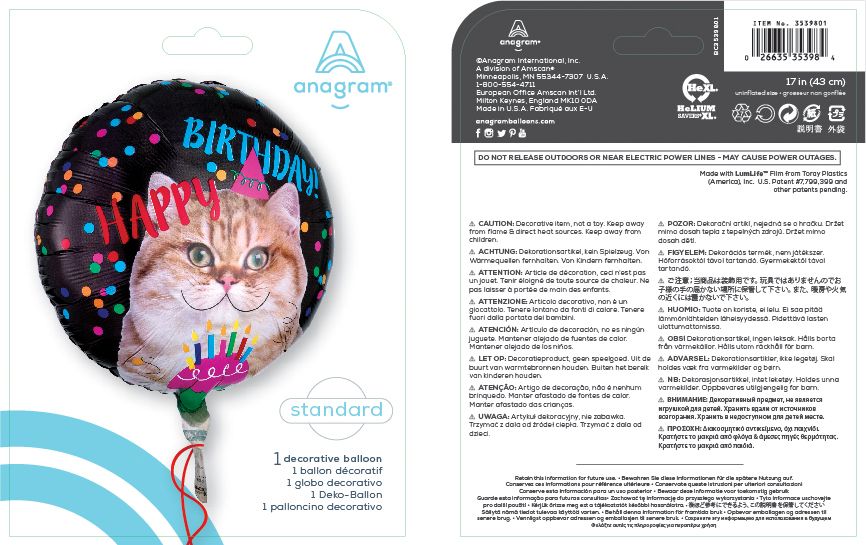 Cat "Happy Birthday" Round Satin Foil Balloon, Multi-Coloured, Stars, 17-in, Helium Inflation & Ribbon Included for Birthday Party Composite_or_Mixed