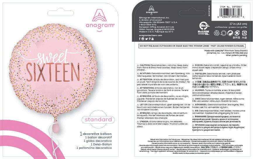 "Sweet Sixteen" Round Satin Foil Balloon, Pink/Rose Gold, Polka Dot, 17-in, Helium Inflation & Ribbon Included for Birthday Party Composite_or_Mixed