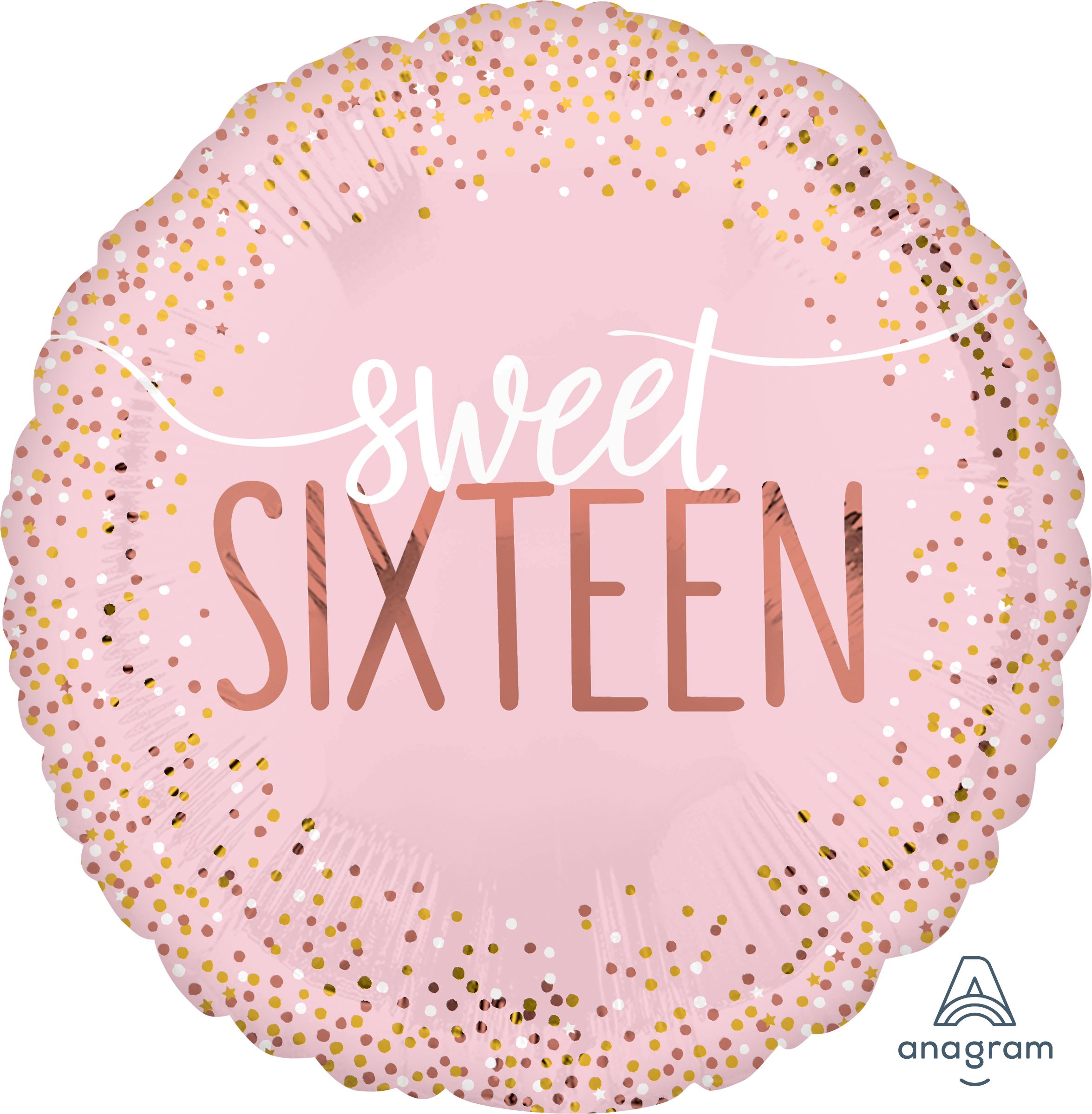 "Sweet Sixteen" Round Satin Foil Balloon, Pink/Rose Gold, Polka Dot, 17-in, Helium Inflation & Ribbon Included for Birthday Party Front_Flat