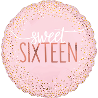 "Sweet Sixteen" Round Satin Foil Balloon, Pink/Rose Gold, Polka Dot, 17-in, Helium Inflation & Ribbon Included for Birthday Party Front_Flat