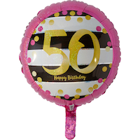 Prismatic Pink & Gold "50 Happy Birthday" Round Satin Foil Balloon, Black/White, 17.5-in, Helium Inflation & Ribbon Included for Birthday Party Front_Flat
