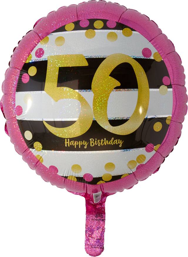 Ballon en aluminium satiné rond or et rose prismatique 50 Happy Birthday, noir/blanc, 17,5 po, gonflement à l'hélium et ruban inclus, pour fête d'anniversaire Front_Flat