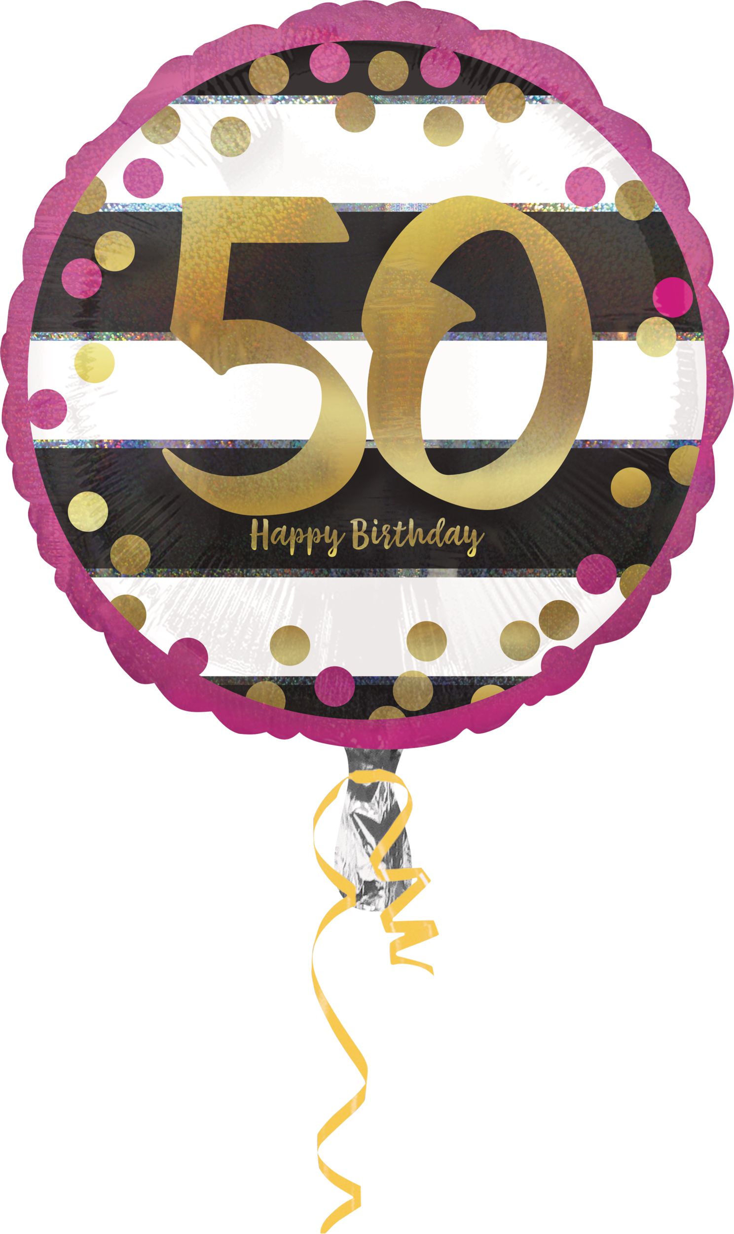 Ballon en aluminium satiné rond or et rose prismatique 50 Happy Birthday, noir/blanc, 17,5 po, gonflement à l'hélium et ruban inclus, pour fête d'anniversaire Front_Flat