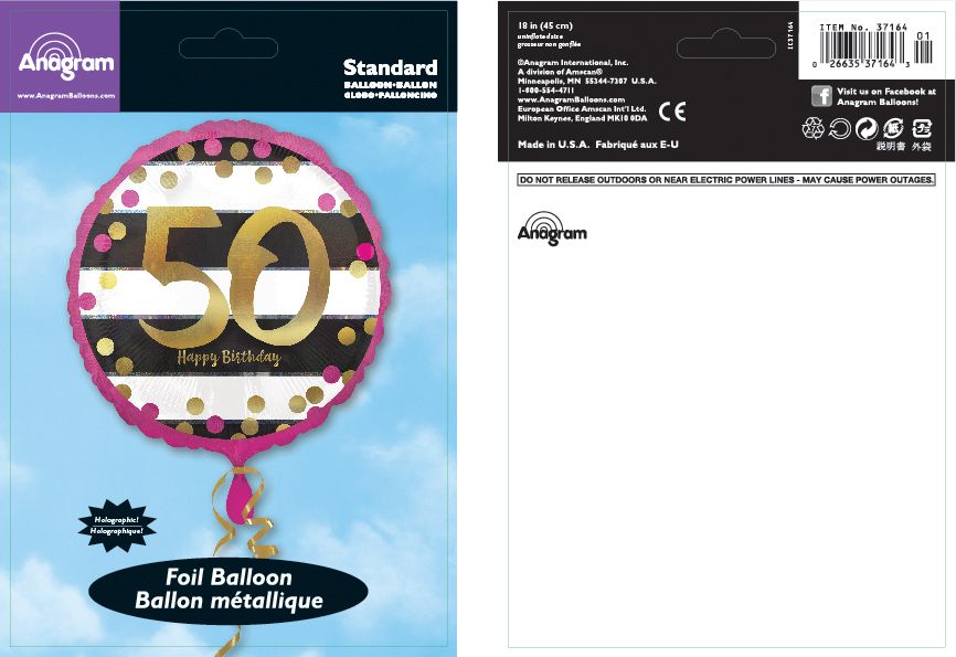 Ballon en aluminium satiné rond or et rose prismatique 50 Happy Birthday, noir/blanc, 17,5 po, gonflement à l'hélium et ruban inclus, pour fête d'anniversaire Composite_or_Mixed