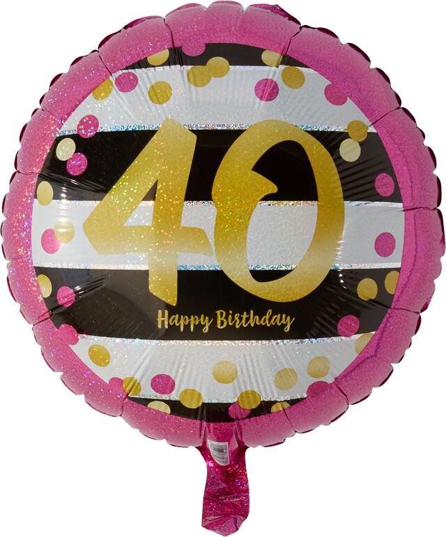 Prismatic Pink & Gold "40 Happy Birthday" Round Satin Foil Balloon, Black/White, 17.5-in, Helium Inflation & Ribbon Included for Birthday Party Front_Flat