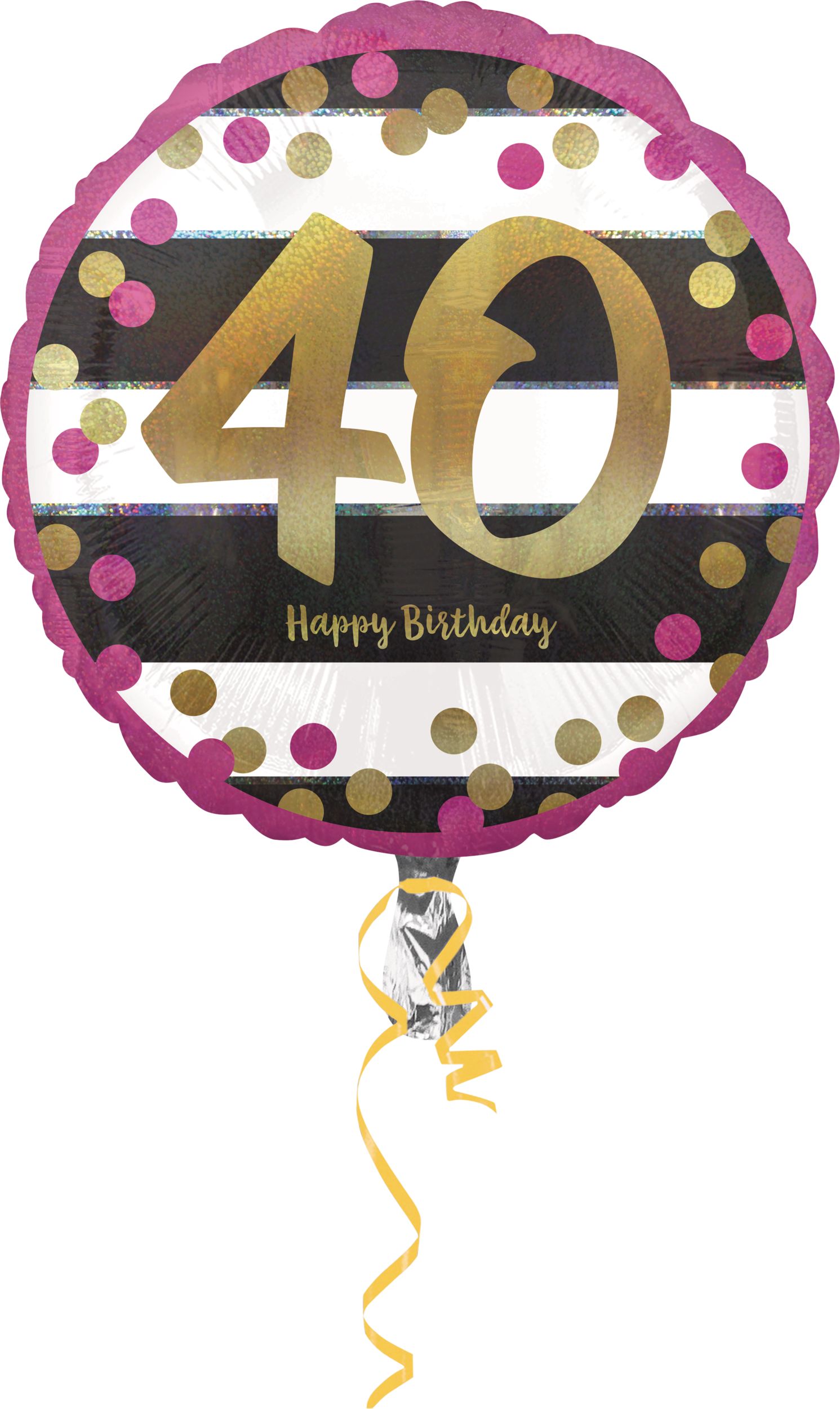 Prismatic Pink & Gold "40 Happy Birthday" Round Satin Foil Balloon, Black/White, 17.5-in, Helium Inflation & Ribbon Included for Birthday Party Front_Flat