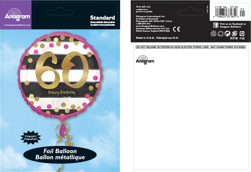 Prismatic Pink & Gold "60 Happy Birthday" Round Satin Foil Balloon, Black/White, 17.5-in, Helium Inflation & Ribbon Included for Birthday Party Composite_or_Mixed