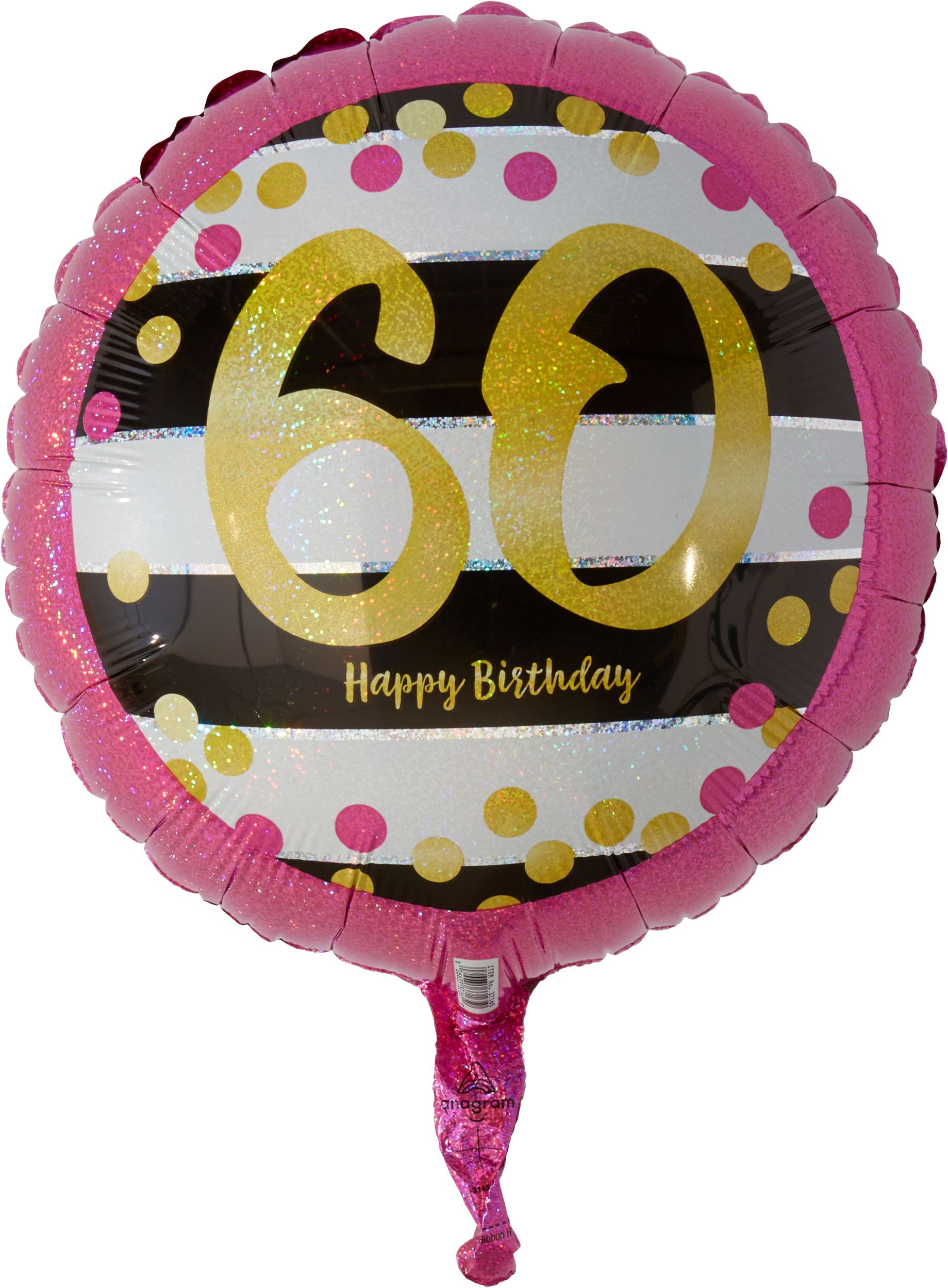 Prismatic Pink & Gold "60 Happy Birthday" Round Satin Foil Balloon, Black/White, 17.5-in, Helium Inflation & Ribbon Included for Birthday Party Front_Flat