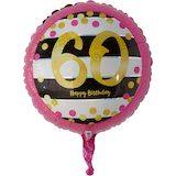 Prismatic Pink & Gold "60 Happy Birthday" Round Satin Foil Balloon, Black/White, 17.5-in, Helium Inflation & Ribbon Included for Birthday Party Front_Flat