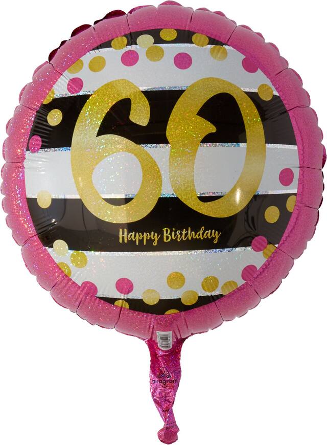 Ballon en aluminium satiné rond or et rose prismatique 60 Happy Birthday, noir/blanc, 17,5 po, gonflement à l'hélium et ruban inclus, pour fête d'anniversaire Front_Flat