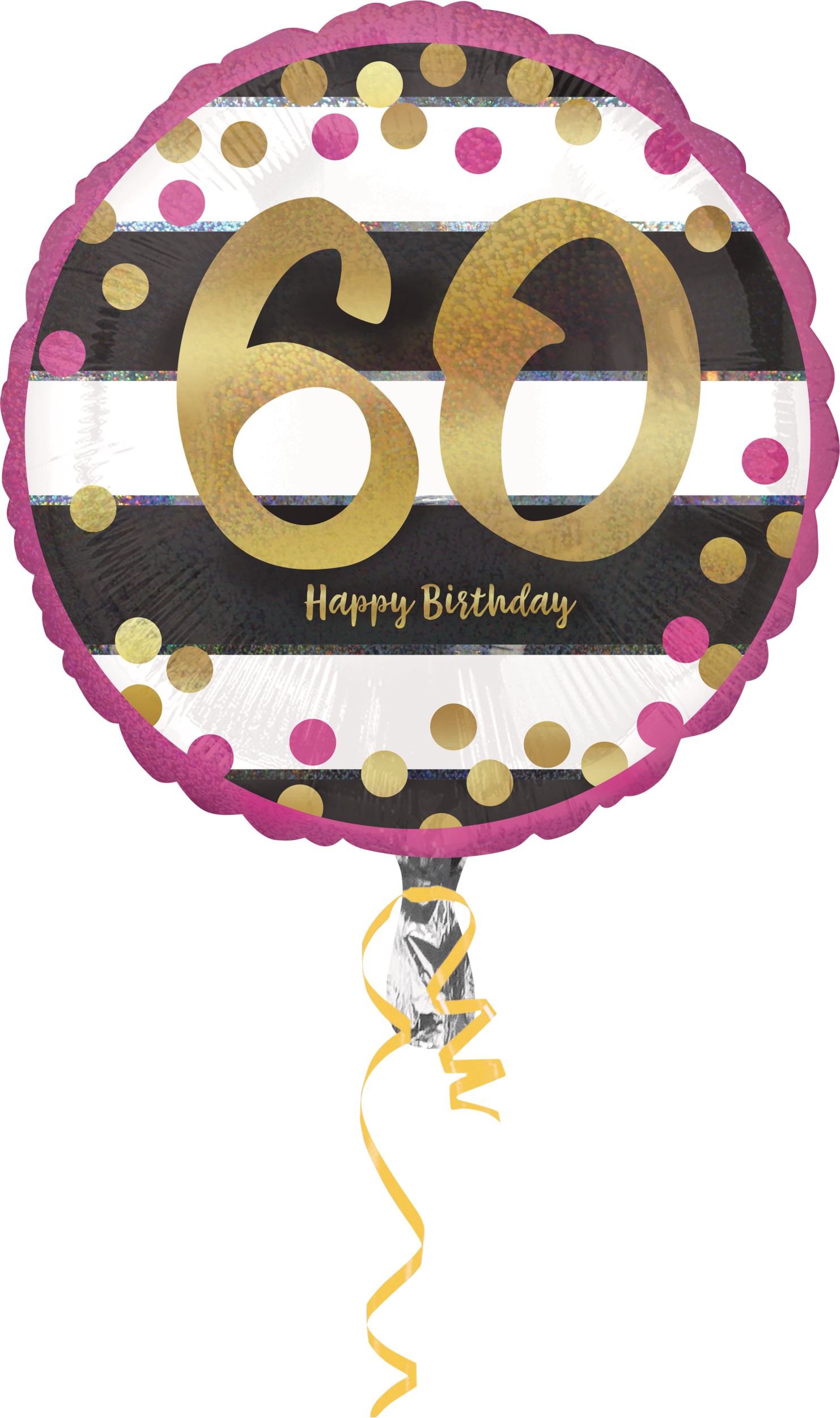 Prismatic Pink & Gold "60 Happy Birthday" Round Satin Foil Balloon, Black/White, 17.5-in, Helium Inflation & Ribbon Included for Birthday Party Front_Flat