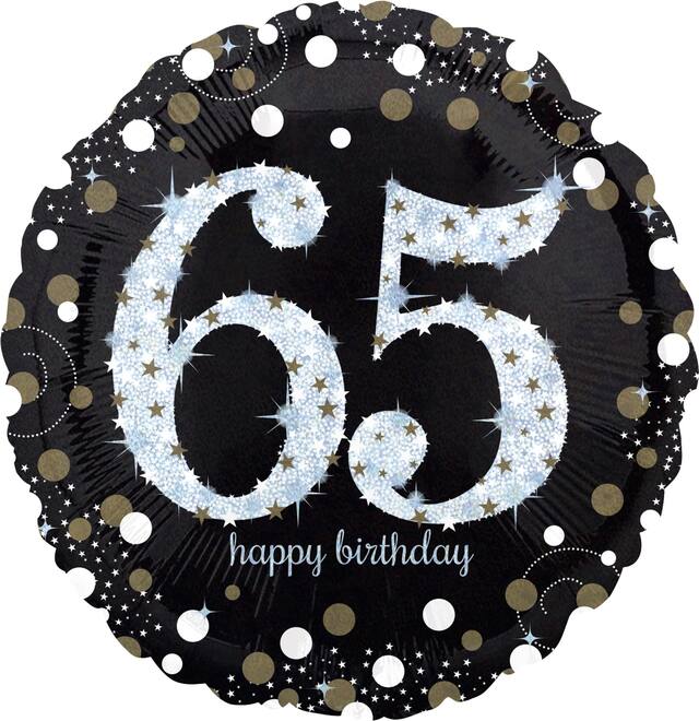 Sparkling Celebration "65 Happy Birthday" Round Satin Foil Balloon, Black/Gold, 18-in, Helium Inflation & Ribbon Included for Birthday Party Front_Flat