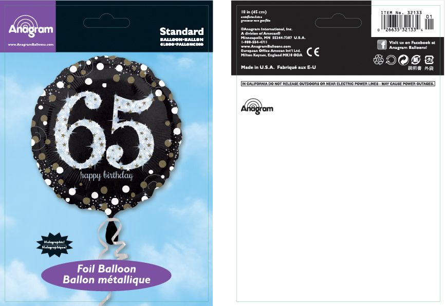 Ballon en aluminium satiné rond arc-célébration étincelante 65 Happy Birthday, noir/or, 18 po, gonflement à l'hélium et ruban inclus, pour fête d'anniversaire Composite_or_Mixed