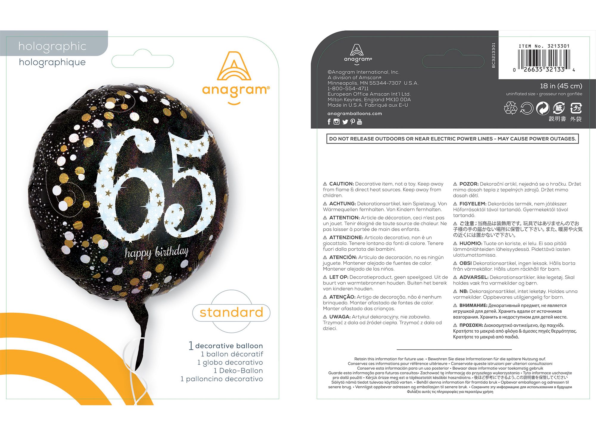 Ballon en aluminium satiné rond arc-célébration étincelante 65 Happy Birthday, noir/or, 18 po, gonflement à l'hélium et ruban inclus, pour fête d'anniversaire Composite_or_Mixed