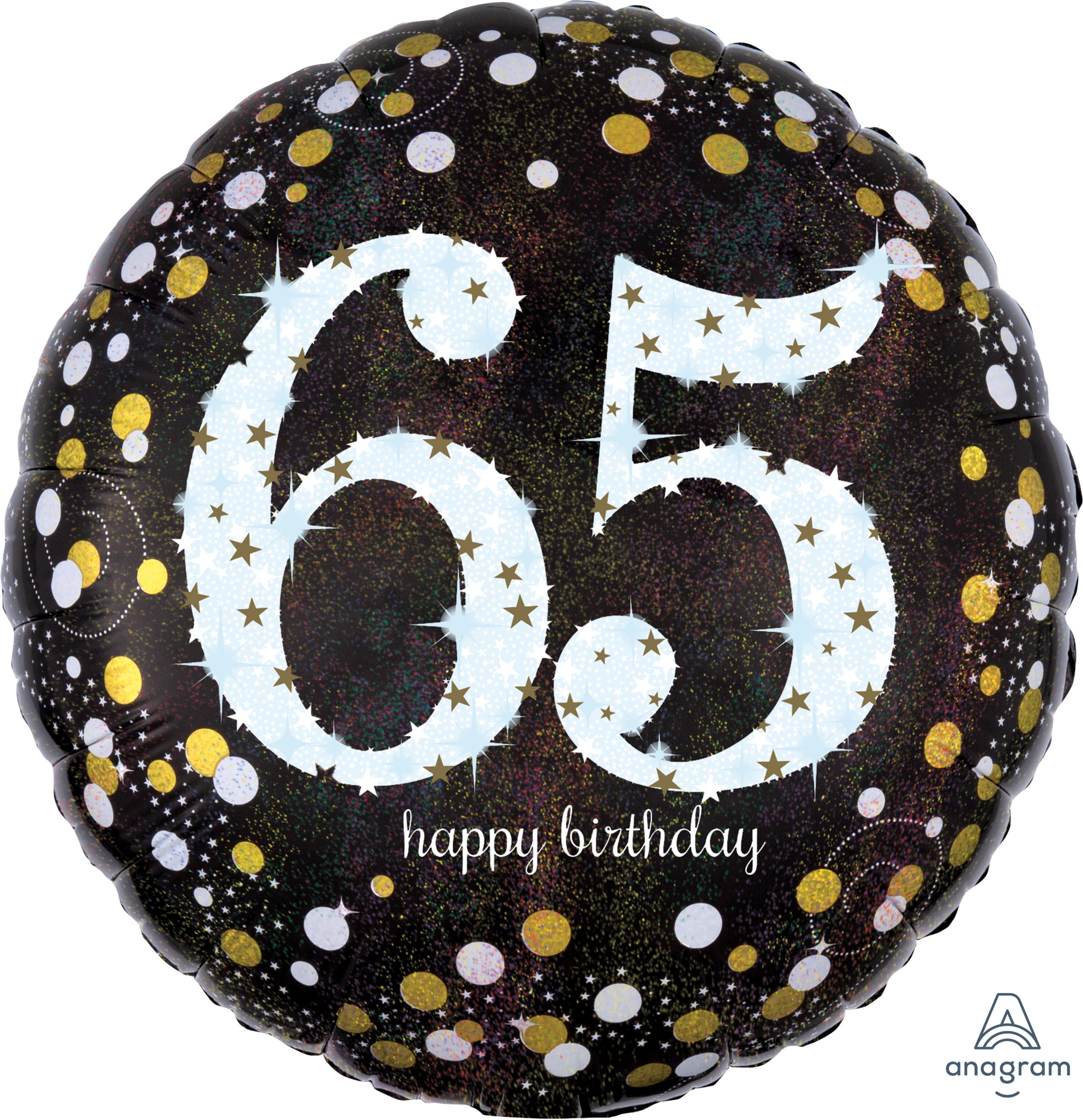 Ballon en aluminium satiné rond arc-célébration étincelante 65 Happy Birthday, noir/or, 18 po, gonflement à l'hélium et ruban inclus, pour fête d'anniversaire Front_Flat