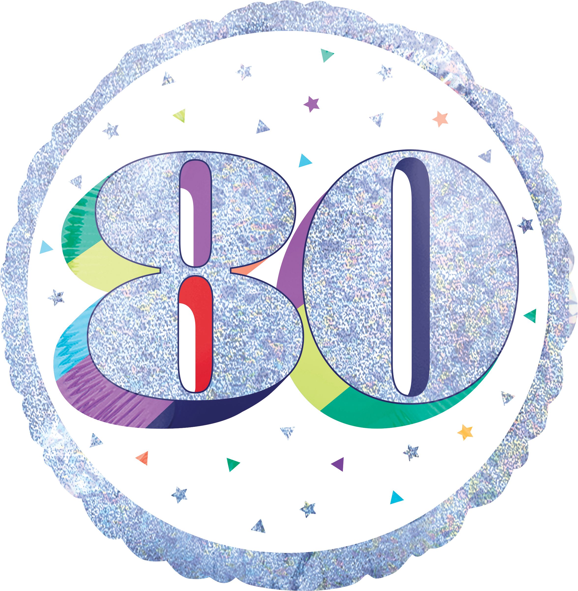 Prismatic Rainbow "80" Round Satin Foil Balloon, White/Silver, 18-in, Helium Inflation & Ribbon Included for Birthday Party Front_Flat