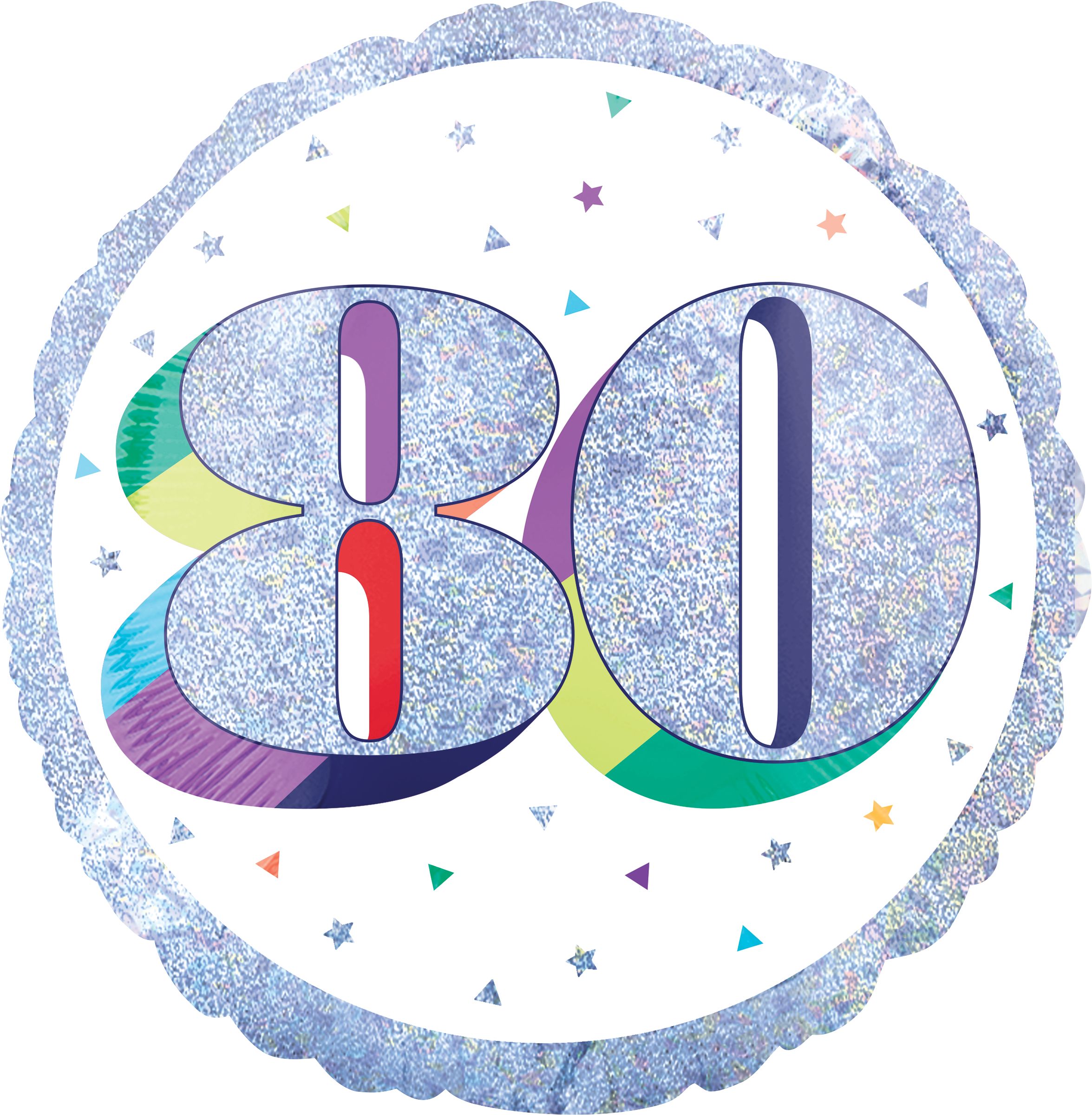 Prismatic Rainbow "80" Round Satin Foil Balloon, White/Silver, 18-in, Helium Inflation & Ribbon Included for Birthday Party Front_Flat