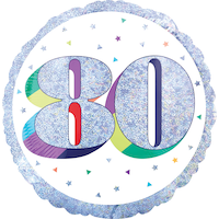 Prismatic Rainbow "80" Round Satin Foil Balloon, White/Silver, 18-in, Helium Inflation & Ribbon Included for Birthday Party