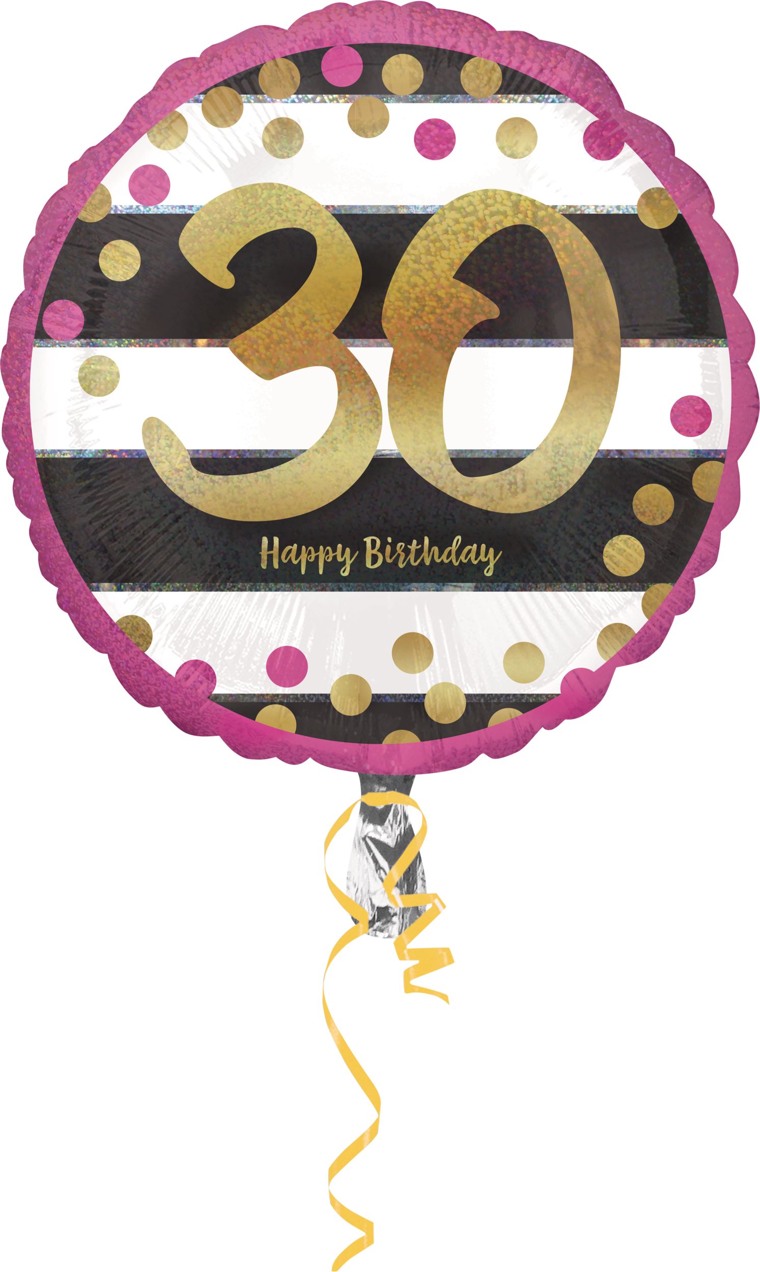 Prismatic Pink & Gold "30 Happy Birthday" Round Satin Foil Balloon, Black/White, 17.5-in, Helium Inflation & Ribbon Included for Birthday Party Front_Flat