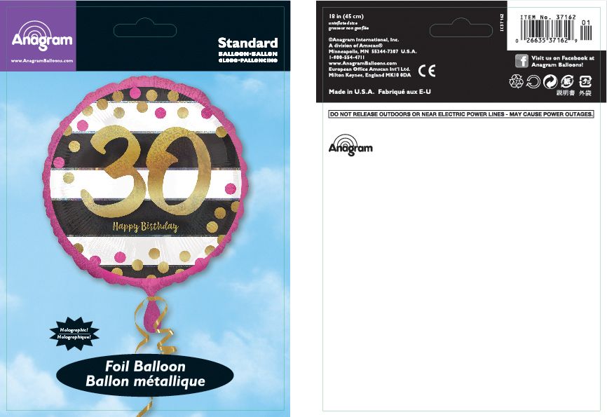 Prismatic Pink & Gold "30 Happy Birthday" Round Satin Foil Balloon, Black/White, 17.5-in, Helium Inflation & Ribbon Included for Birthday Party Composite_or_Mixed