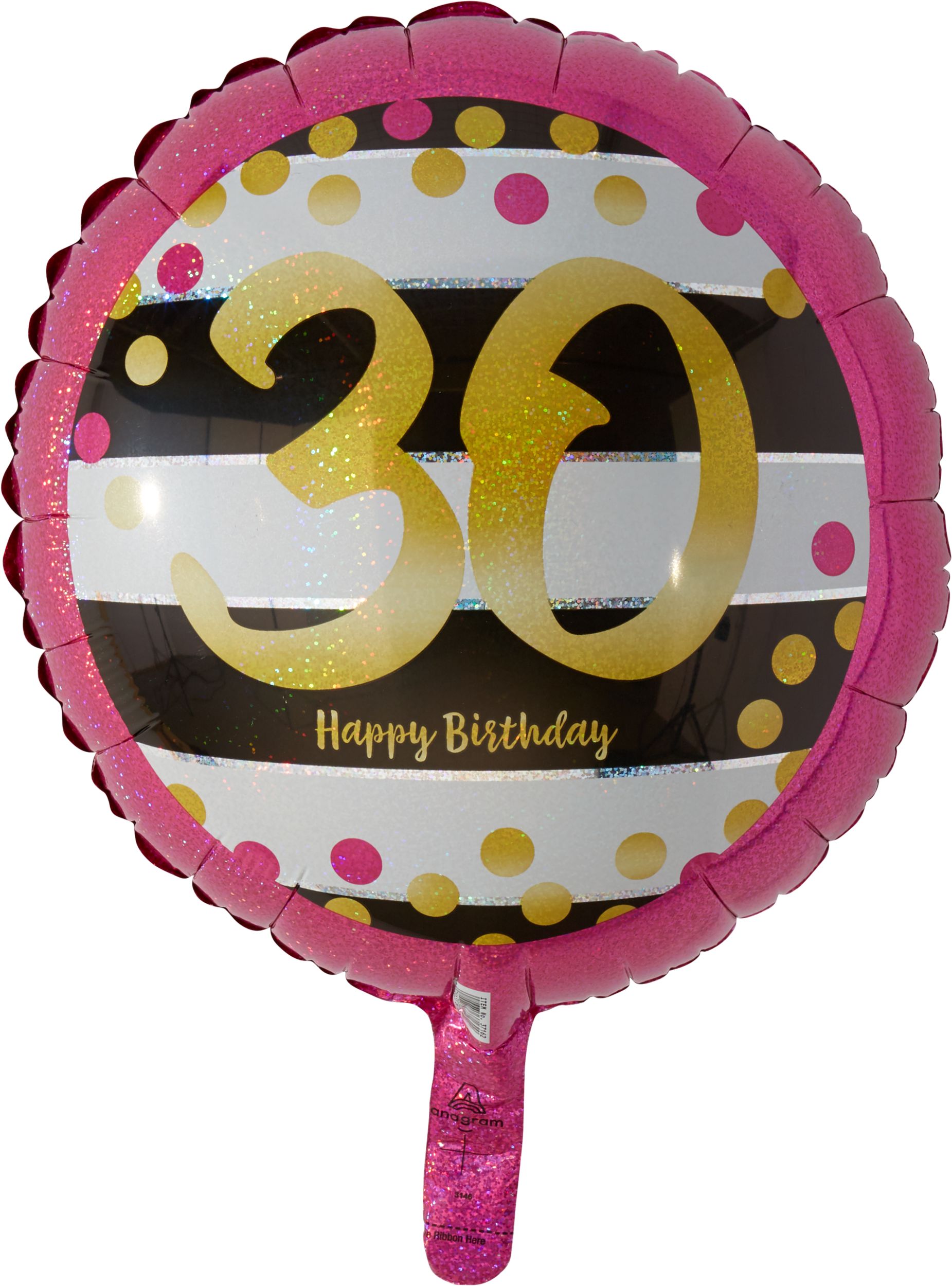 Prismatic Pink & Gold "30 Happy Birthday" Round Satin Foil Balloon, Black/White, 17.5-in, Helium Inflation & Ribbon Included for Birthday Party Front_Flat