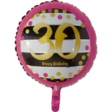 Prismatic Pink & Gold "30 Happy Birthday" Round Satin Foil Balloon, Black/White, 17.5-in, Helium Inflation & Ribbon Included for Birthday Party Front_Flat