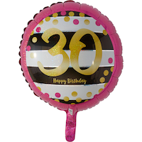 Ballon en aluminium satiné rond or et rose prismatique 30 Happy Birthday, noir/blanc, 17,5 po, gonflement à l'hélium et ruban inclus, pour fête d'anniversaire Front_Flat