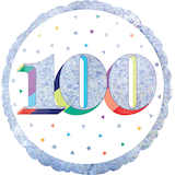 Prismatic Rainbow "100" Round Satin Foil Balloon, White/Silver, 18-in, Helium Inflation & Ribbon Included for Birthday Party Front_Flat