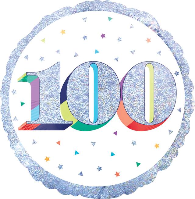 Ballon en aluminium satiné rond arc-en-ciel prismatique 100, blanc/argent, 18 po, gonflement à l'hélium et ruban inclus, pour fête d'anniversaire Front_Flat