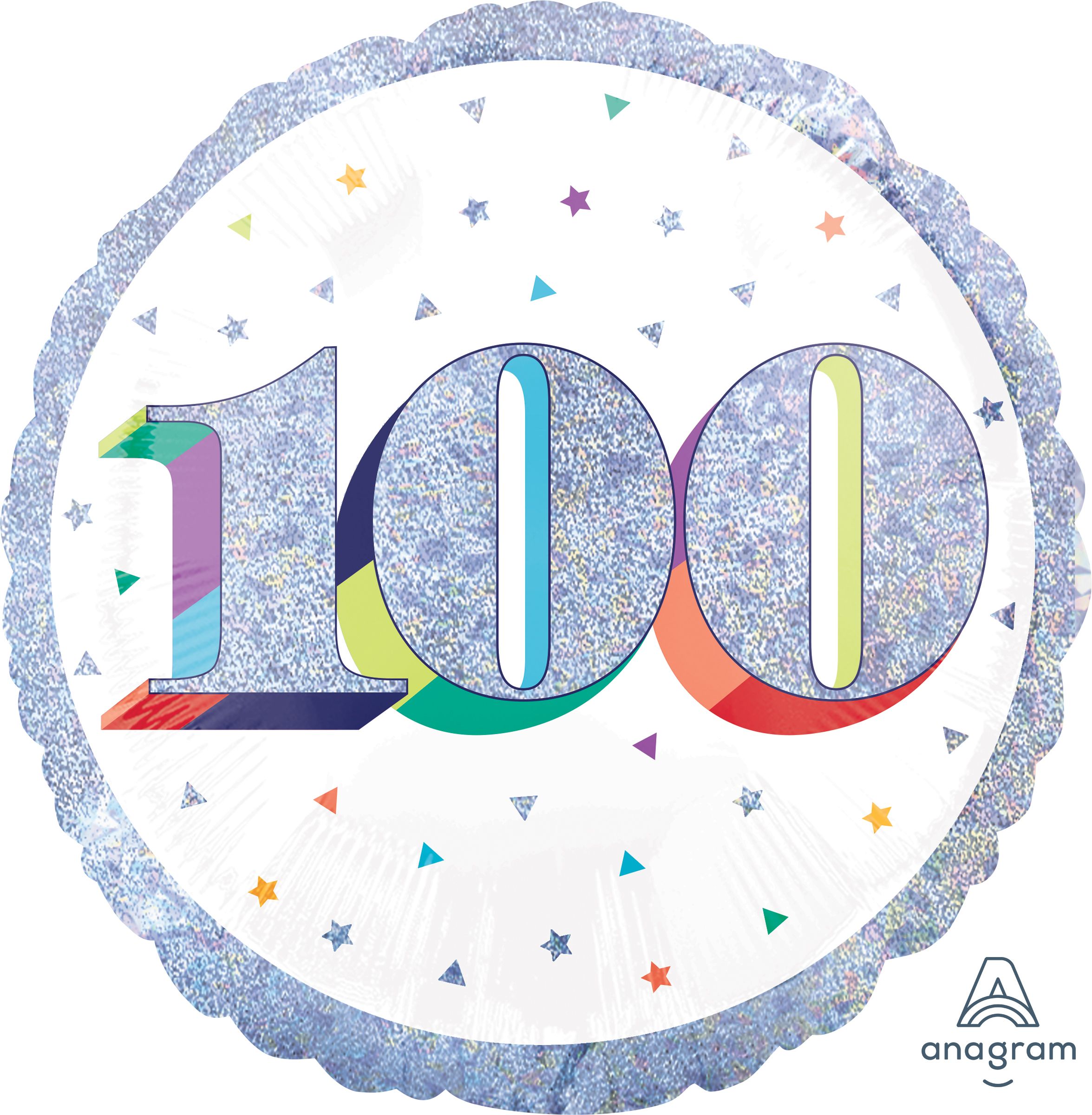 Prismatic Rainbow "100" Round Satin Foil Balloon, White/Silver, 18-in, Helium Inflation & Ribbon Included for Birthday Party Front_Flat