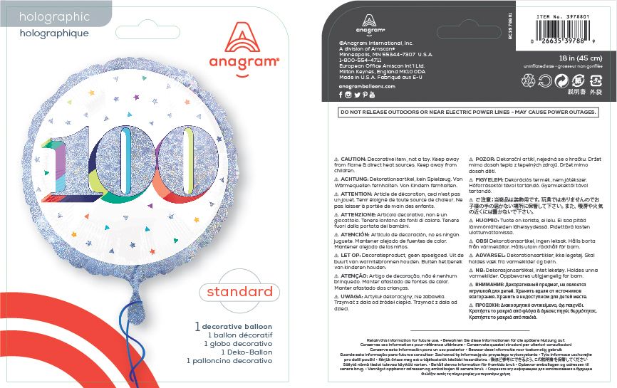 Prismatic Rainbow "100" Round Satin Foil Balloon, White/Silver, 18-in, Helium Inflation & Ribbon Included for Birthday Party Composite_or_Mixed