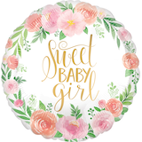 Floral Baby "Sweet Baby Girl" Round Satin Foil Balloon, Pink/Green/Gold, Floral, 17-in, Helium Inflation & Ribbon Included for Baby Shower Front_Flat