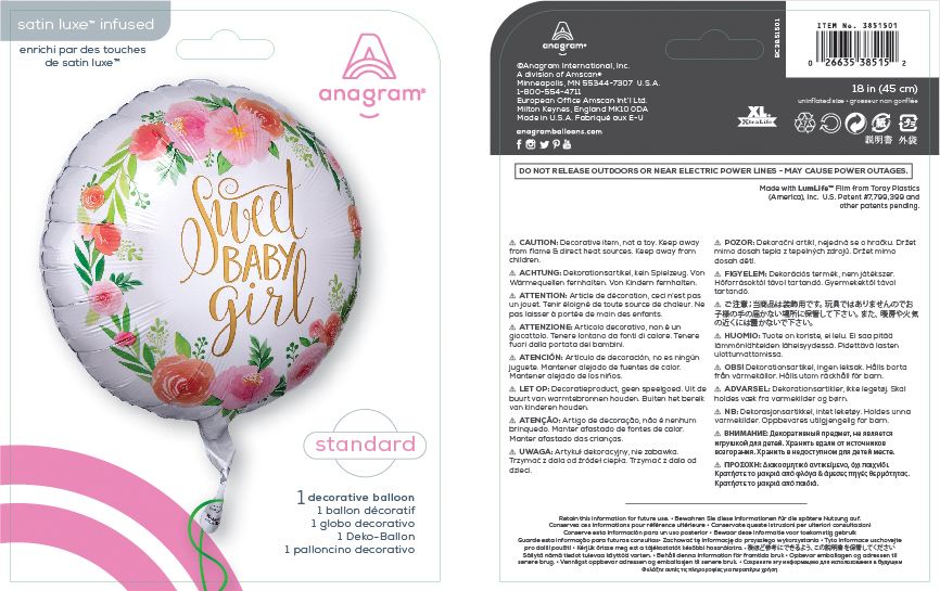 Ballon en aluminium satiné rond bébé floral Sweet Baby Girl, rose/vert/or, floral, 17 po, gonflement à l'hélium et ruban inclus, pour fête prénatale Composite_or_Mixed