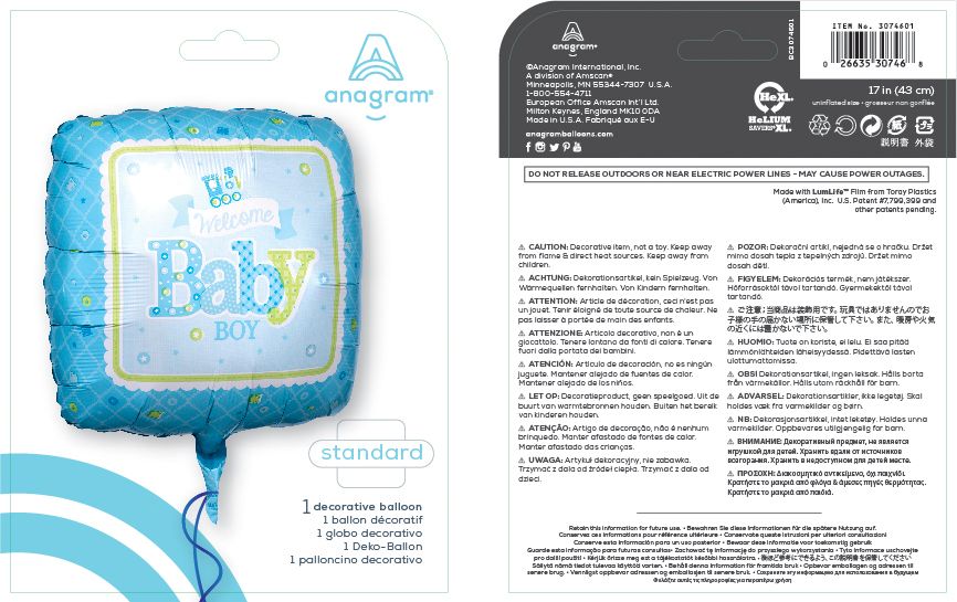 "Welcome Baby Boy" Round Satin Foil Balloon, Blue, 17-in, Helium Inflation & Ribbon Included for Baby Shower Composite_or_Mixed